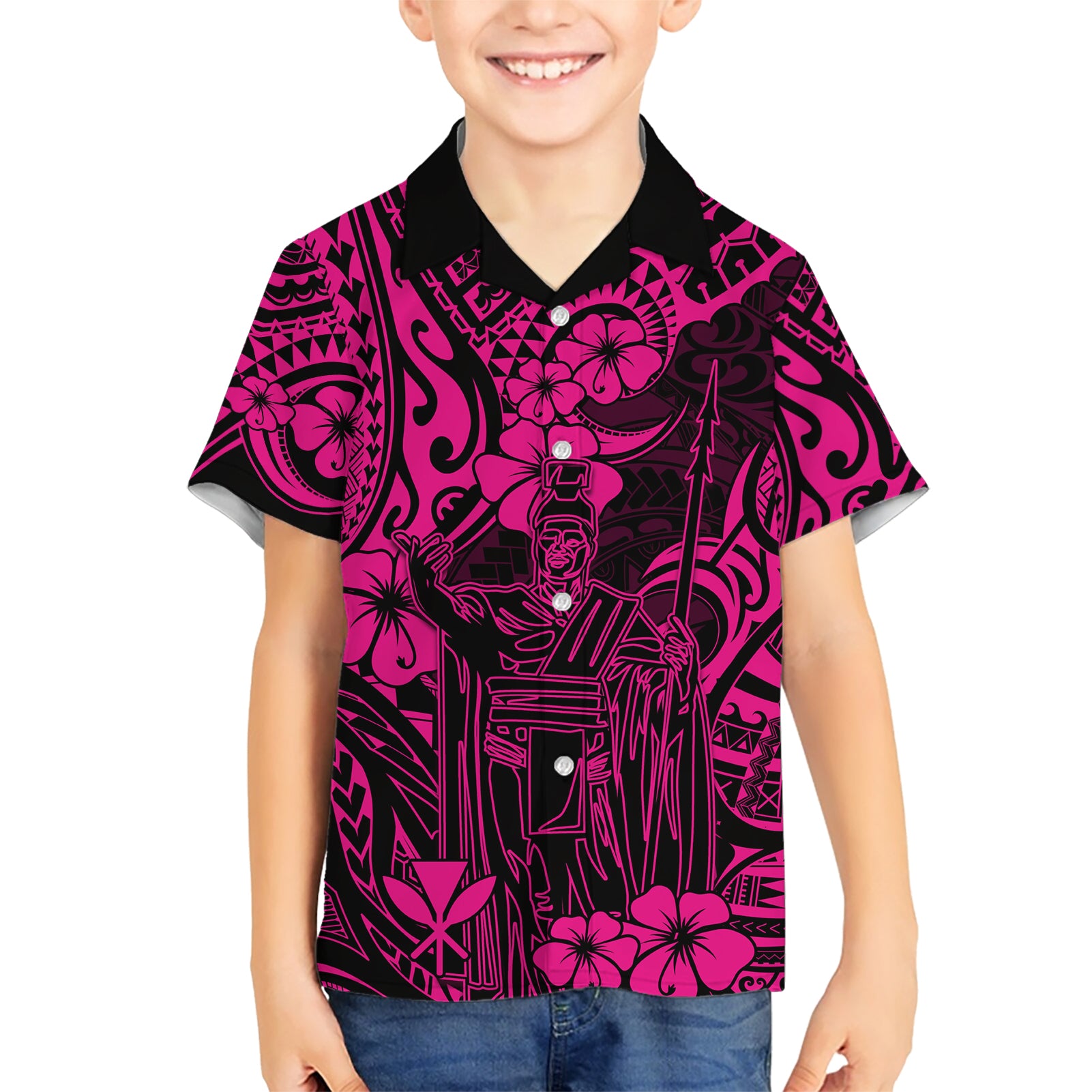 Hawaii King Kamehameha Kid Hawaiian Shirt Polynesian Pattern Pink Version - Wonder Print Shop