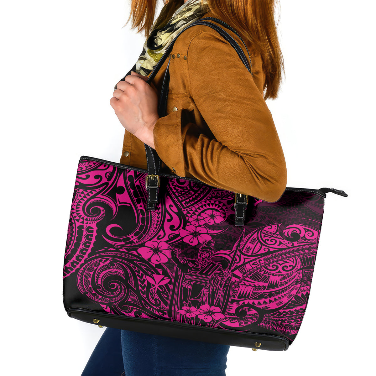Hawaii King Kamehameha Leather Tote Bag Polynesian Pattern Pink Version - Wonder Print Shop