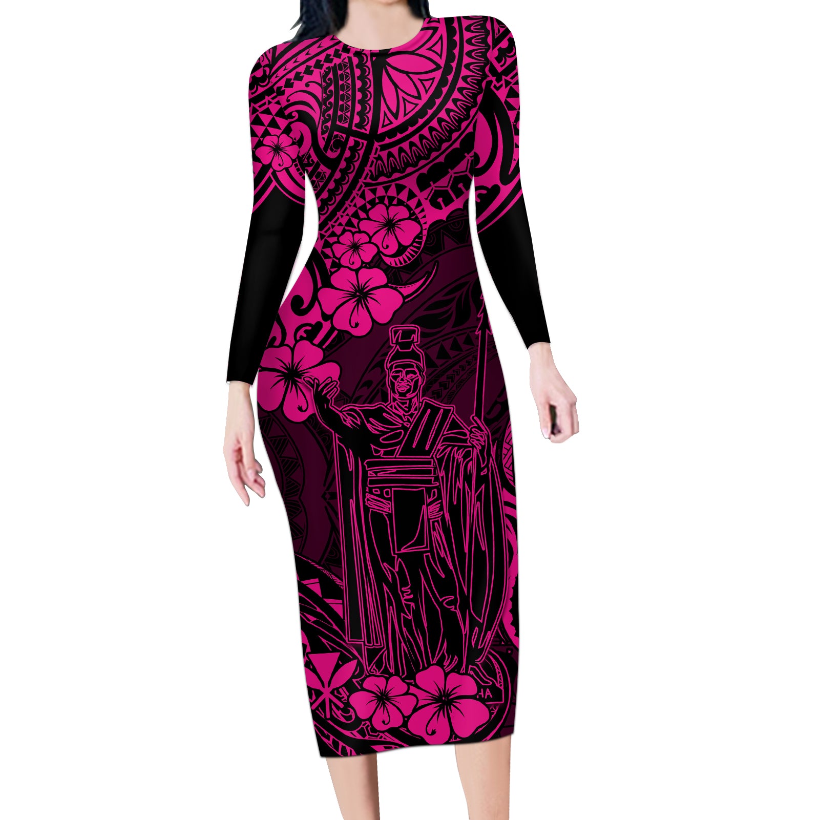 Hawaii King Kamehameha Long Sleeve Bodycon Dress Polynesian Pattern Pink Version - Wonder Print Shop