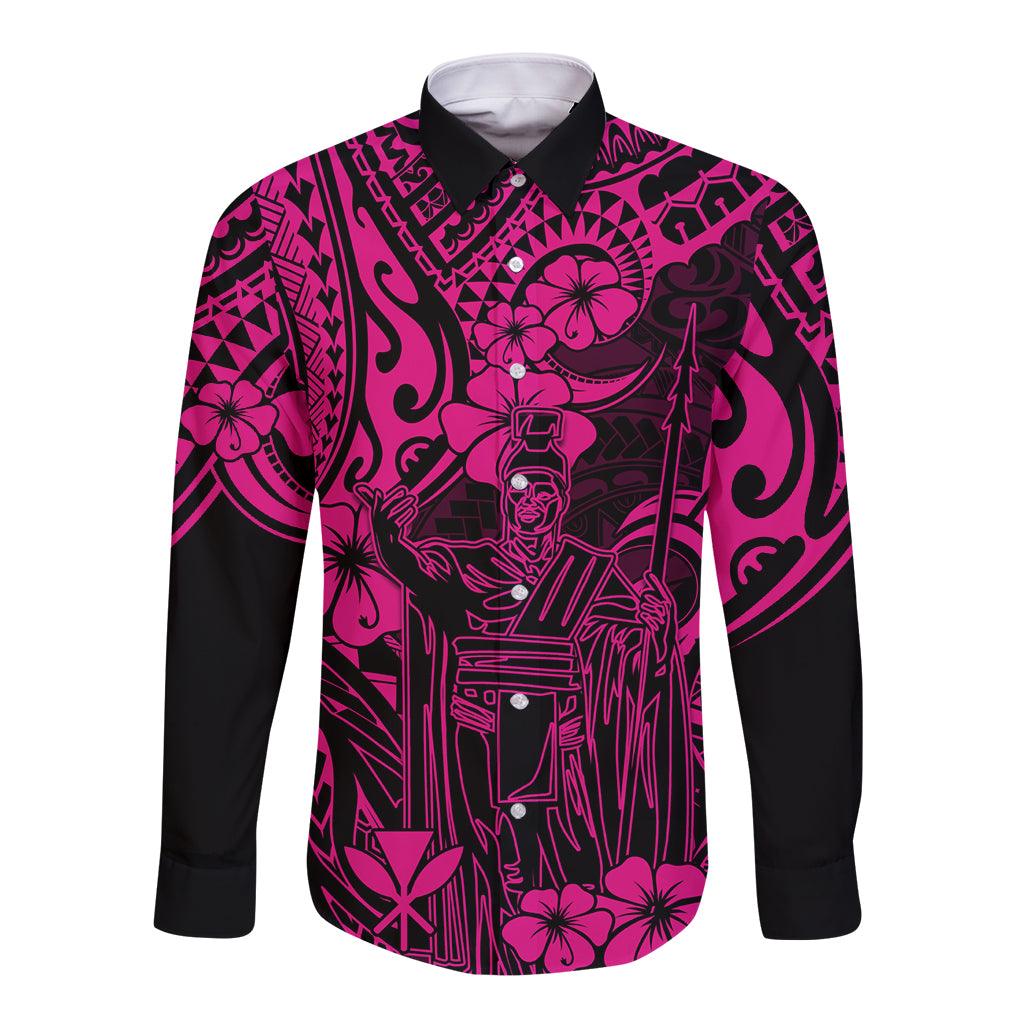 Hawaii King Kamehameha Long Sleeve Button Shirt Polynesian Pattern Pink Version - Wonder Print Shop