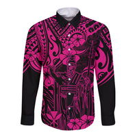 Hawaii King Kamehameha Long Sleeve Button Shirt Polynesian Pattern Pink Version - Wonder Print Shop