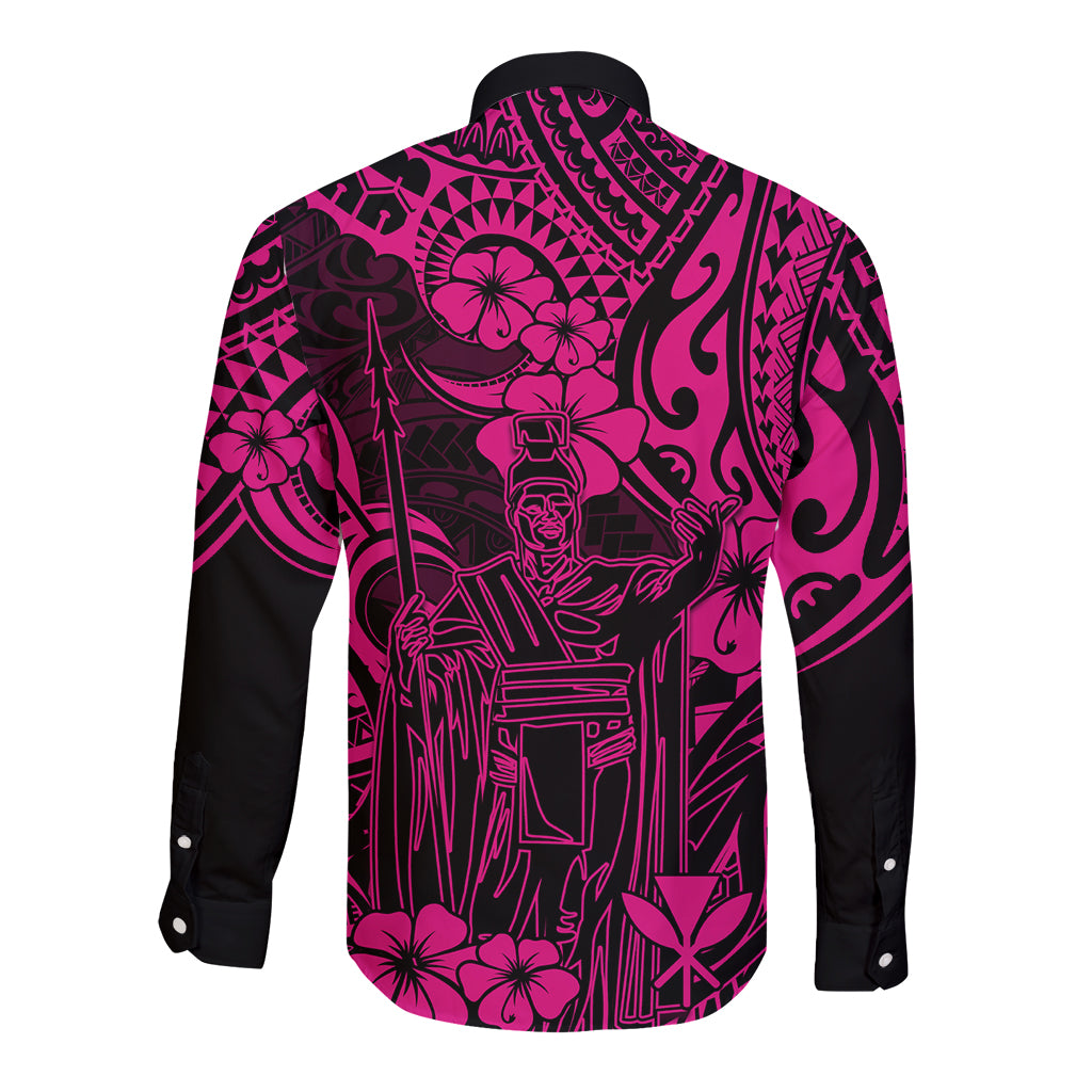 Hawaii King Kamehameha Long Sleeve Button Shirt Polynesian Pattern Pink Version - Wonder Print Shop