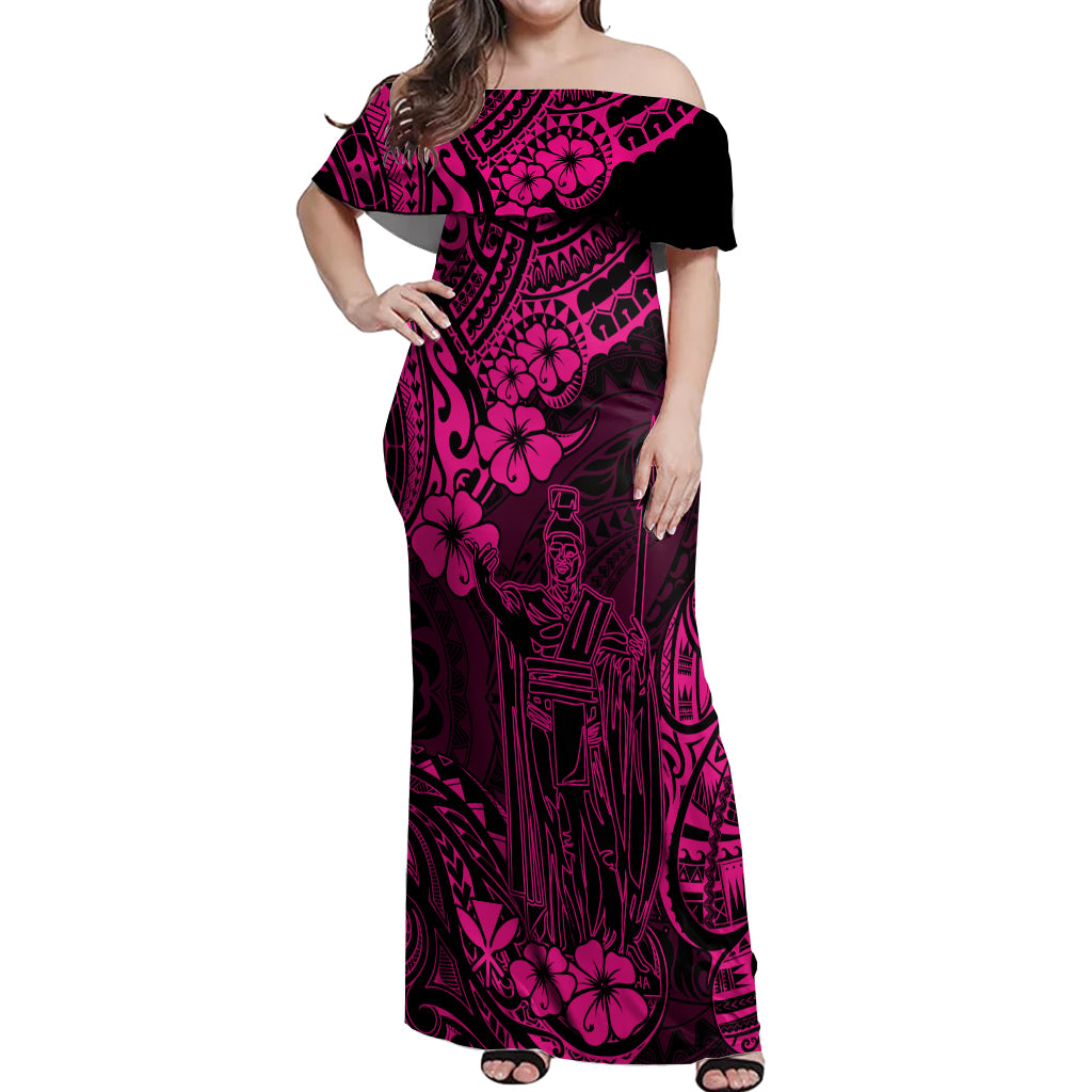Hawaii King Kamehameha Off Shoulder Maxi Dress Polynesian Pattern Pink Version - Wonder Print Shop