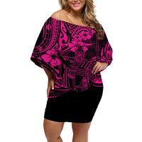 Hawaii King Kamehameha Off Shoulder Short Dress Polynesian Pattern Pink Version - Wonder Print Shop
