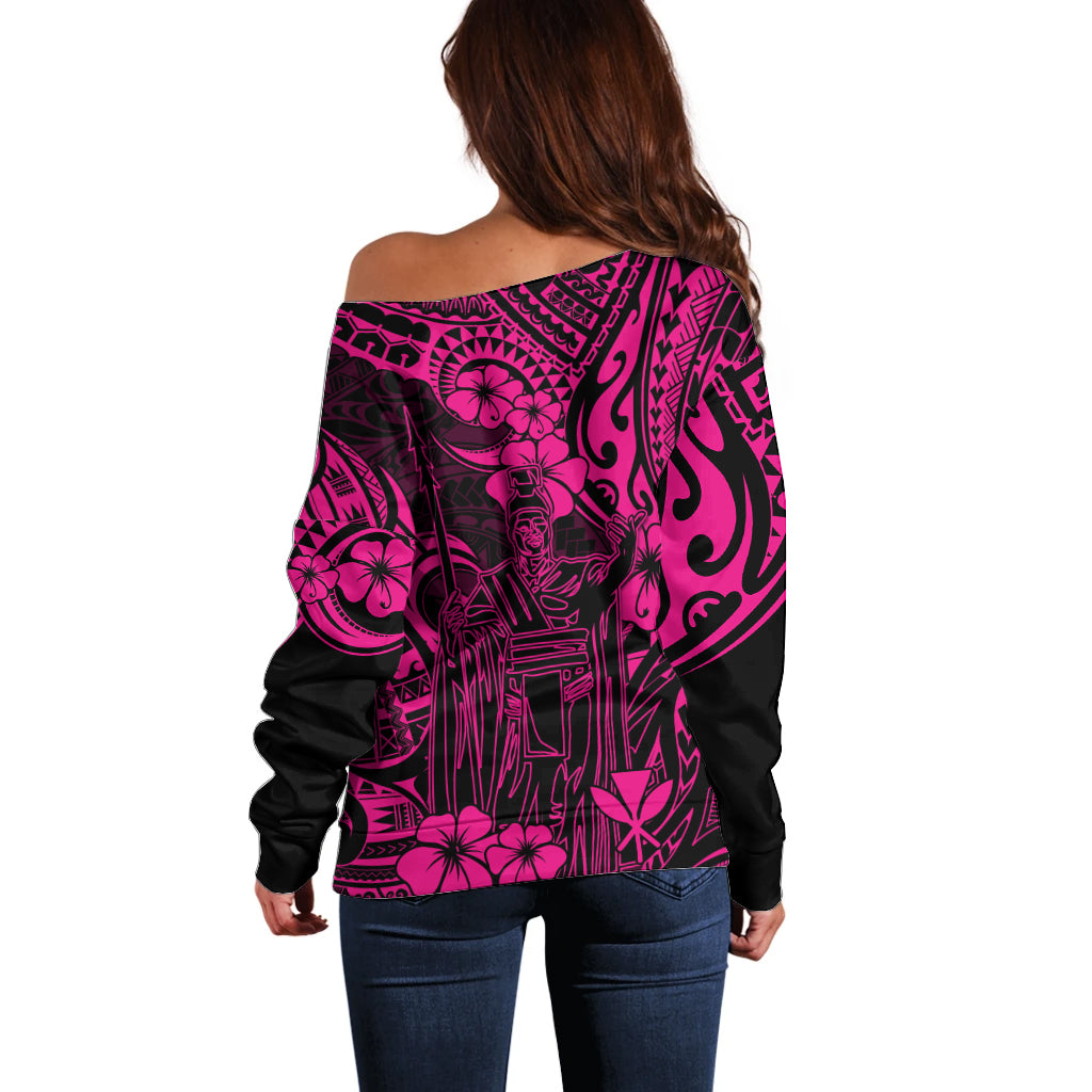 Hawaii King Kamehameha Off Shoulder Sweater Polynesian Pattern Pink Version - Wonder Print Shop