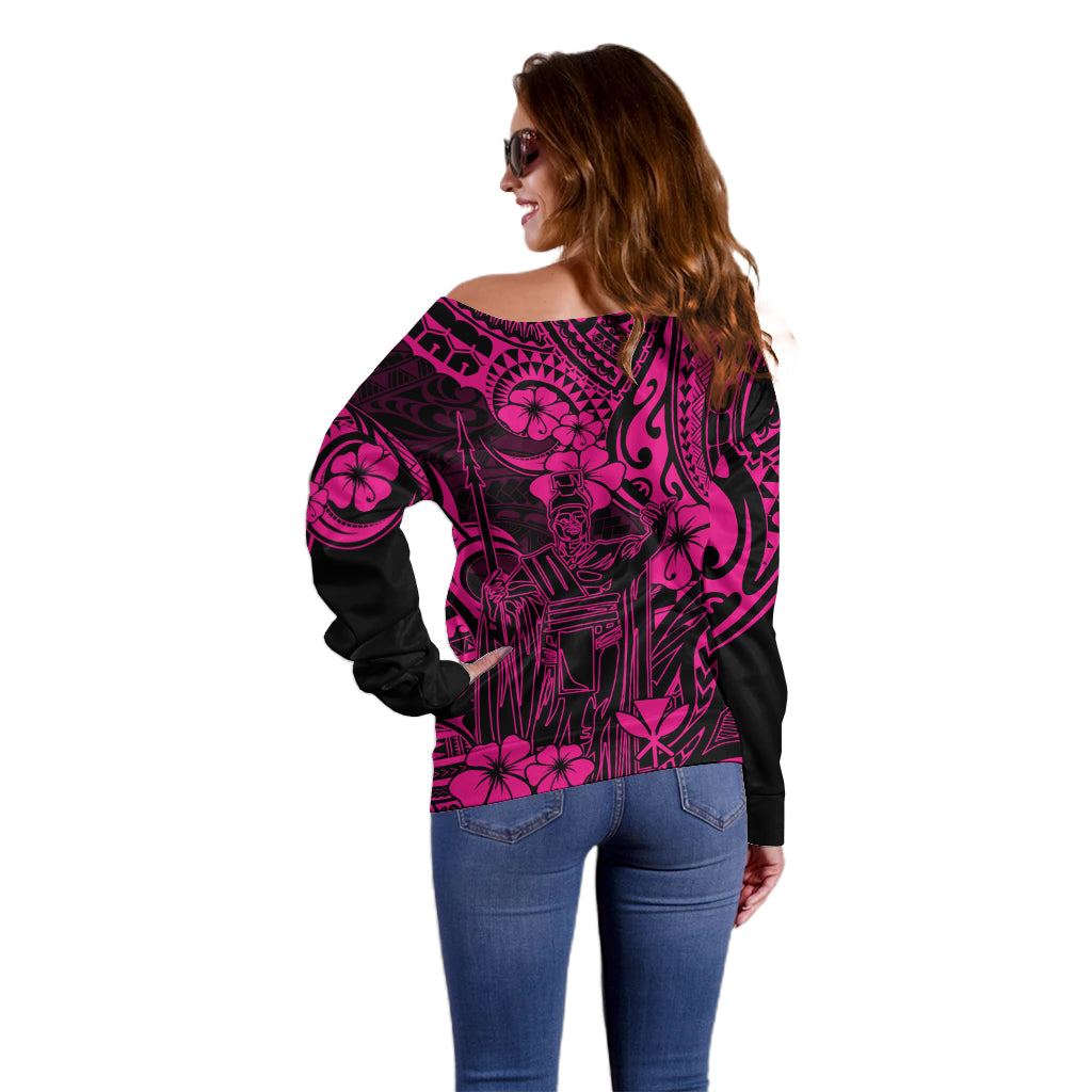 Hawaii King Kamehameha Off Shoulder Sweater Polynesian Pattern Pink Version - Wonder Print Shop