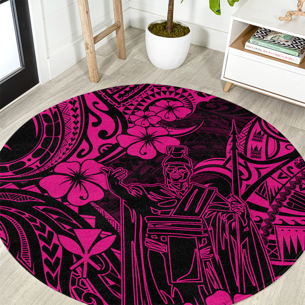 hawaii-king-kamehameha-round-carpet-polynesian-pattern-pink-version