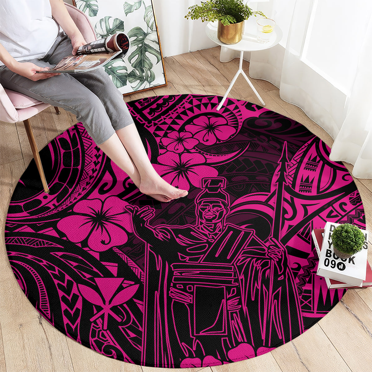 hawaii-king-kamehameha-round-carpet-polynesian-pattern-pink-version