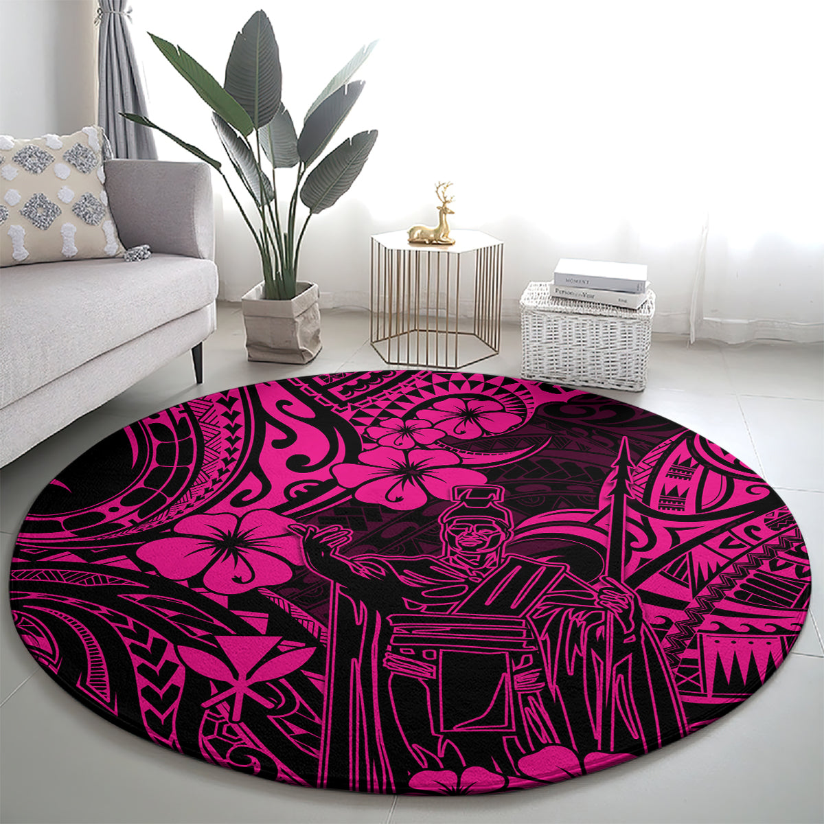 hawaii-king-kamehameha-round-carpet-polynesian-pattern-pink-version
