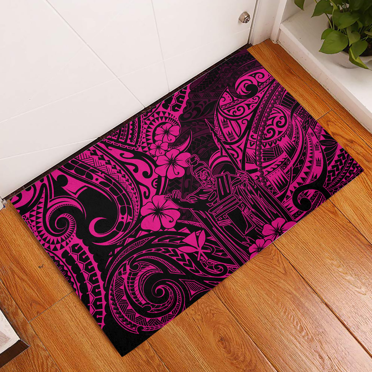 Hawaii King Kamehameha Rubber Doormat Polynesian Pattern Pink Version - Wonder Print Shop