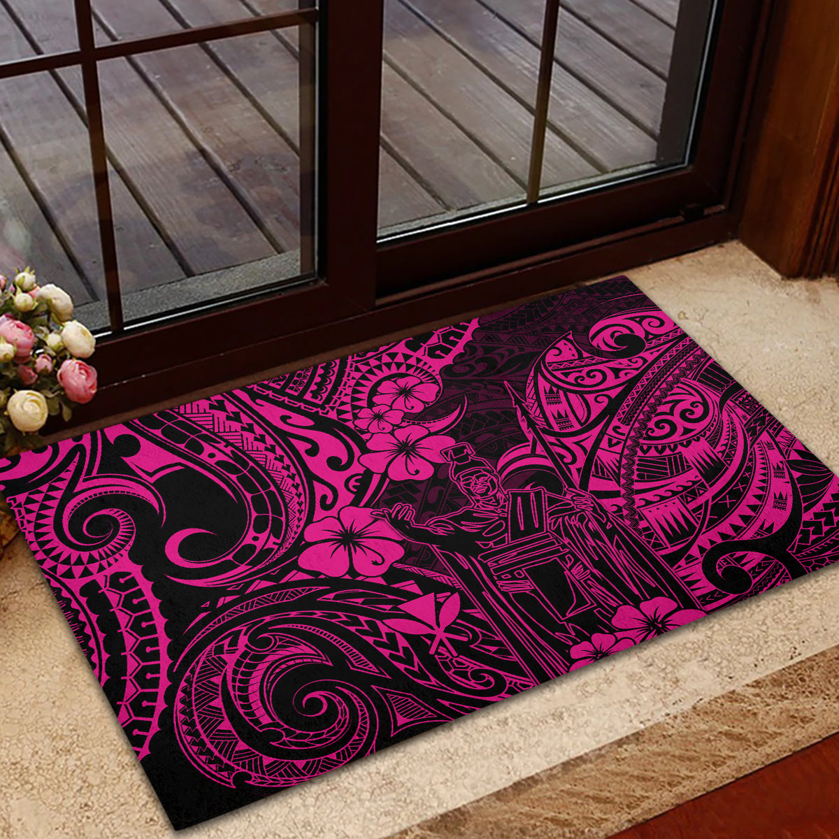 Hawaii King Kamehameha Rubber Doormat Polynesian Pattern Pink Version - Wonder Print Shop