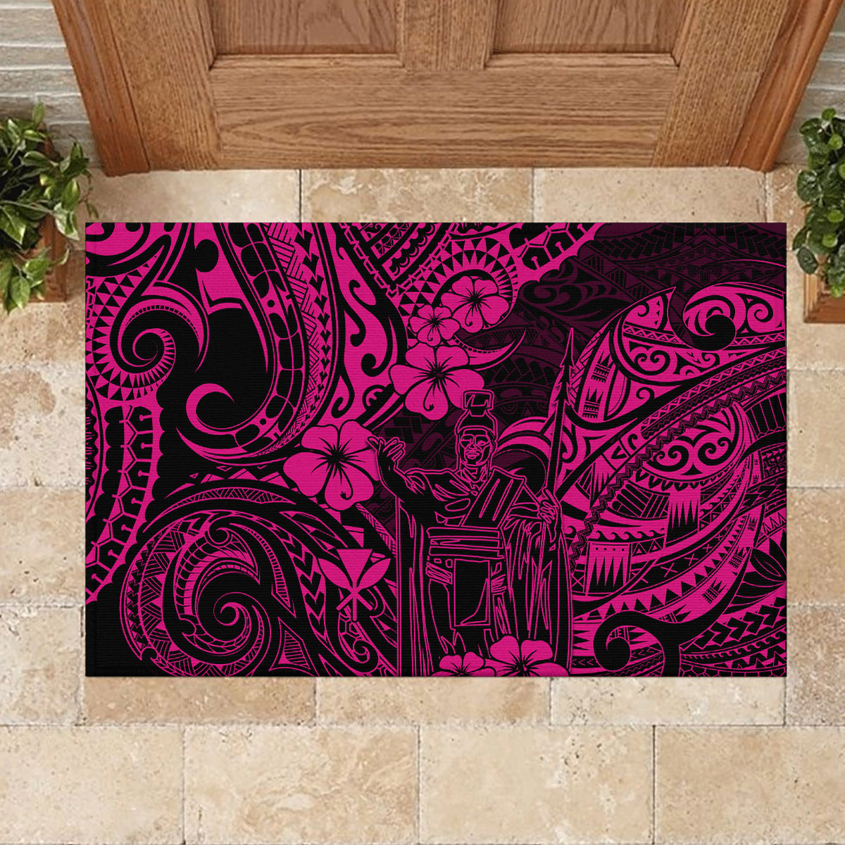 Hawaii King Kamehameha Rubber Doormat Polynesian Pattern Pink Version - Wonder Print Shop