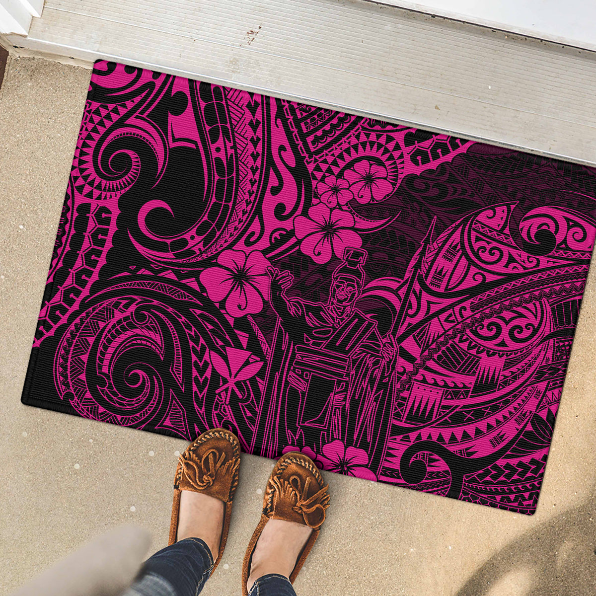 Hawaii King Kamehameha Rubber Doormat Polynesian Pattern Pink Version - Wonder Print Shop