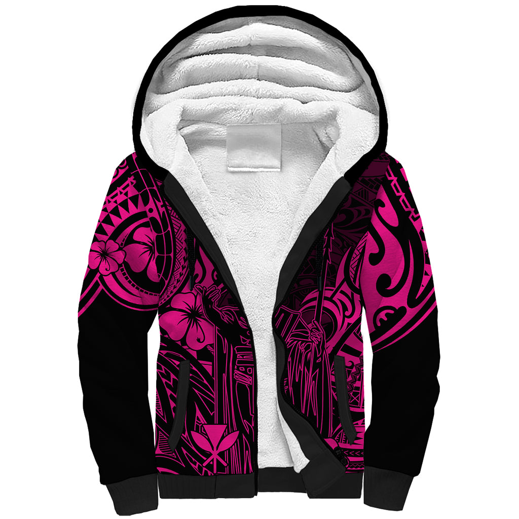 Hawaii King Kamehameha Sherpa Hoodie Polynesian Pattern Pink Version - Wonder Print Shop