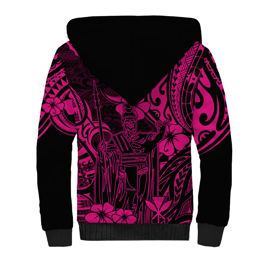 Hawaii King Kamehameha Sherpa Hoodie Polynesian Pattern Pink Version - Wonder Print Shop