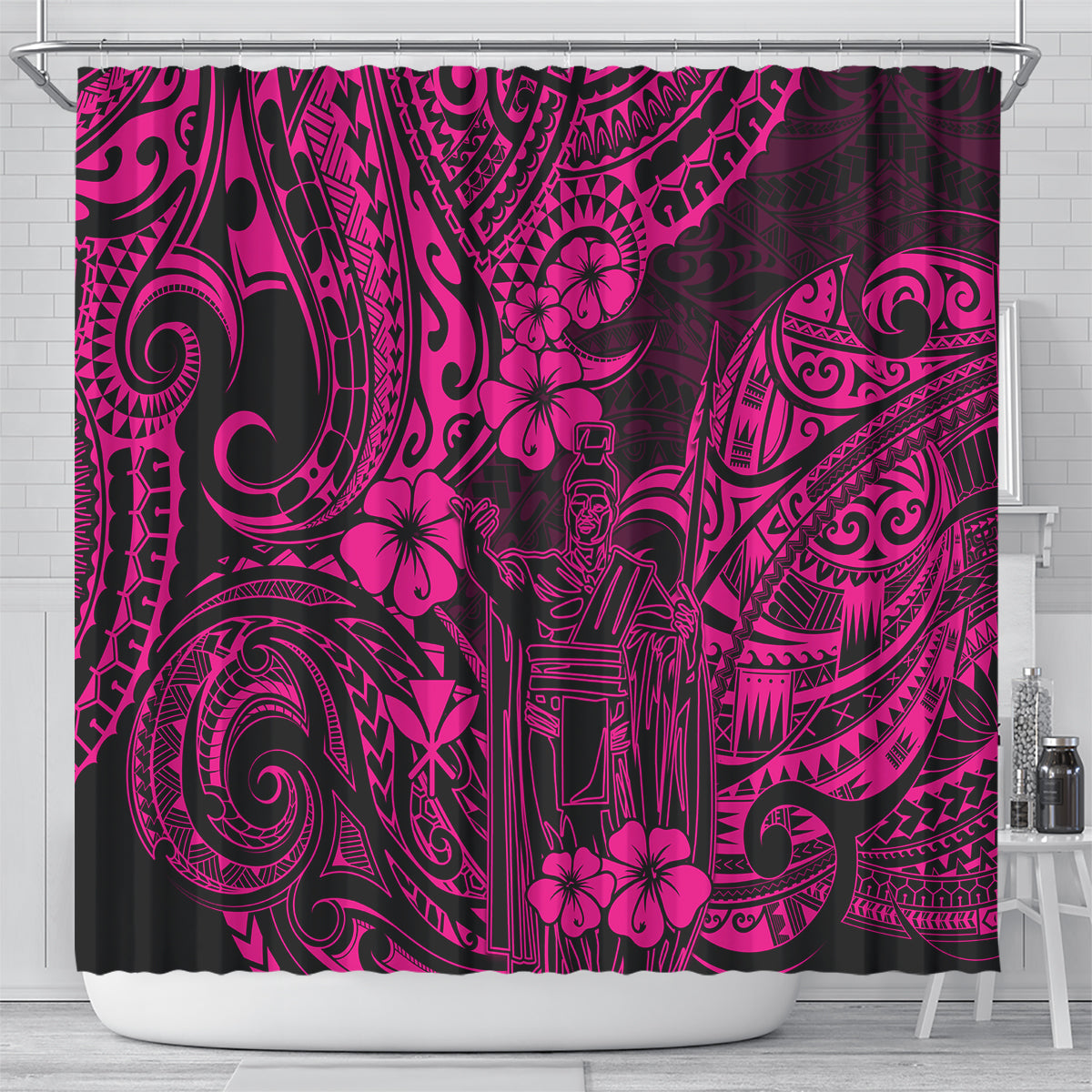 hawaii-king-kamehameha-shower-curtain-polynesian-pattern-pink-version