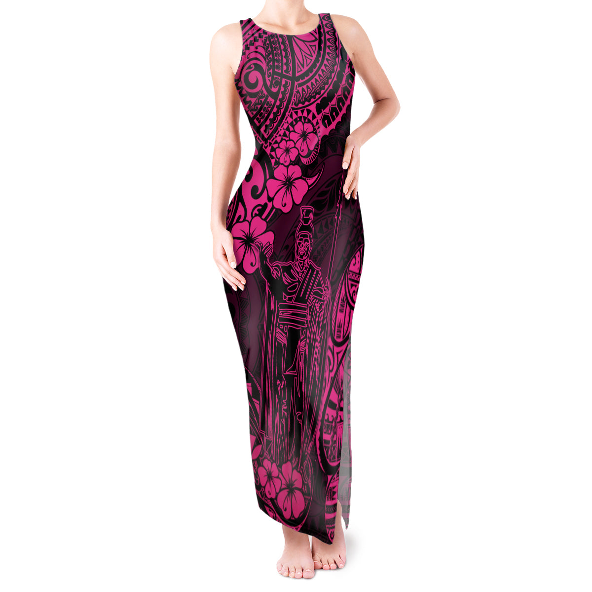 Hawaii King Kamehameha Tank Maxi Dress Polynesian Pattern Pink Version - Wonder Print Shop