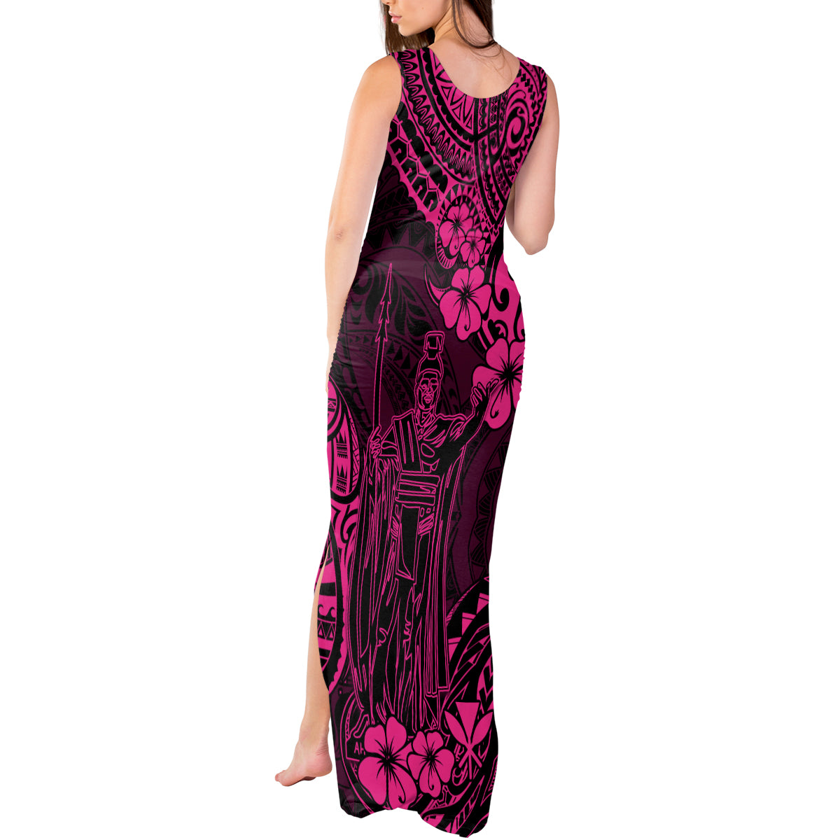 Hawaii King Kamehameha Tank Maxi Dress Polynesian Pattern Pink Version - Wonder Print Shop