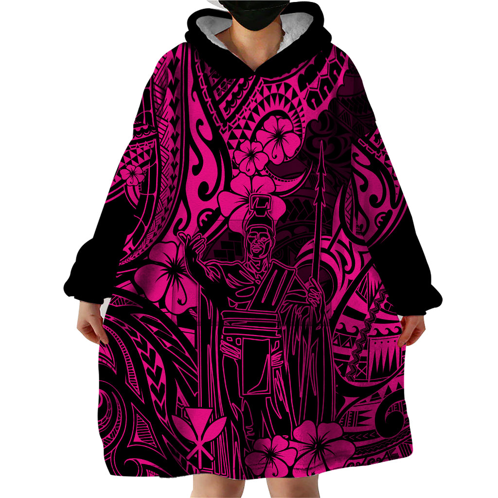 Hawaii King Kamehameha Wearable Blanket Hoodie Polynesian Pattern Pink Version - Wonder Print Shop