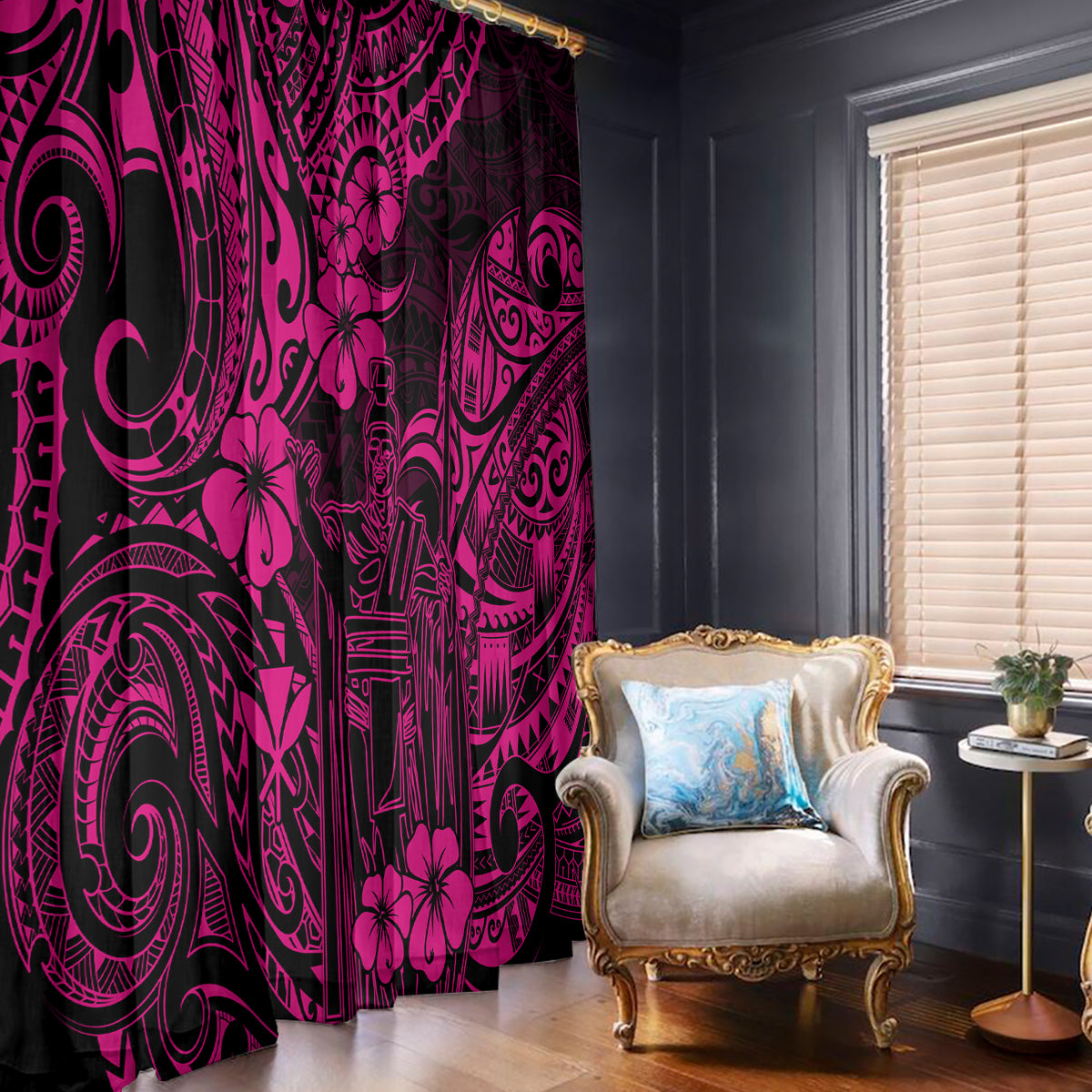 Hawaii King Kamehameha Window Curtain Polynesian Pattern Pink Version - Wonder Print Shop