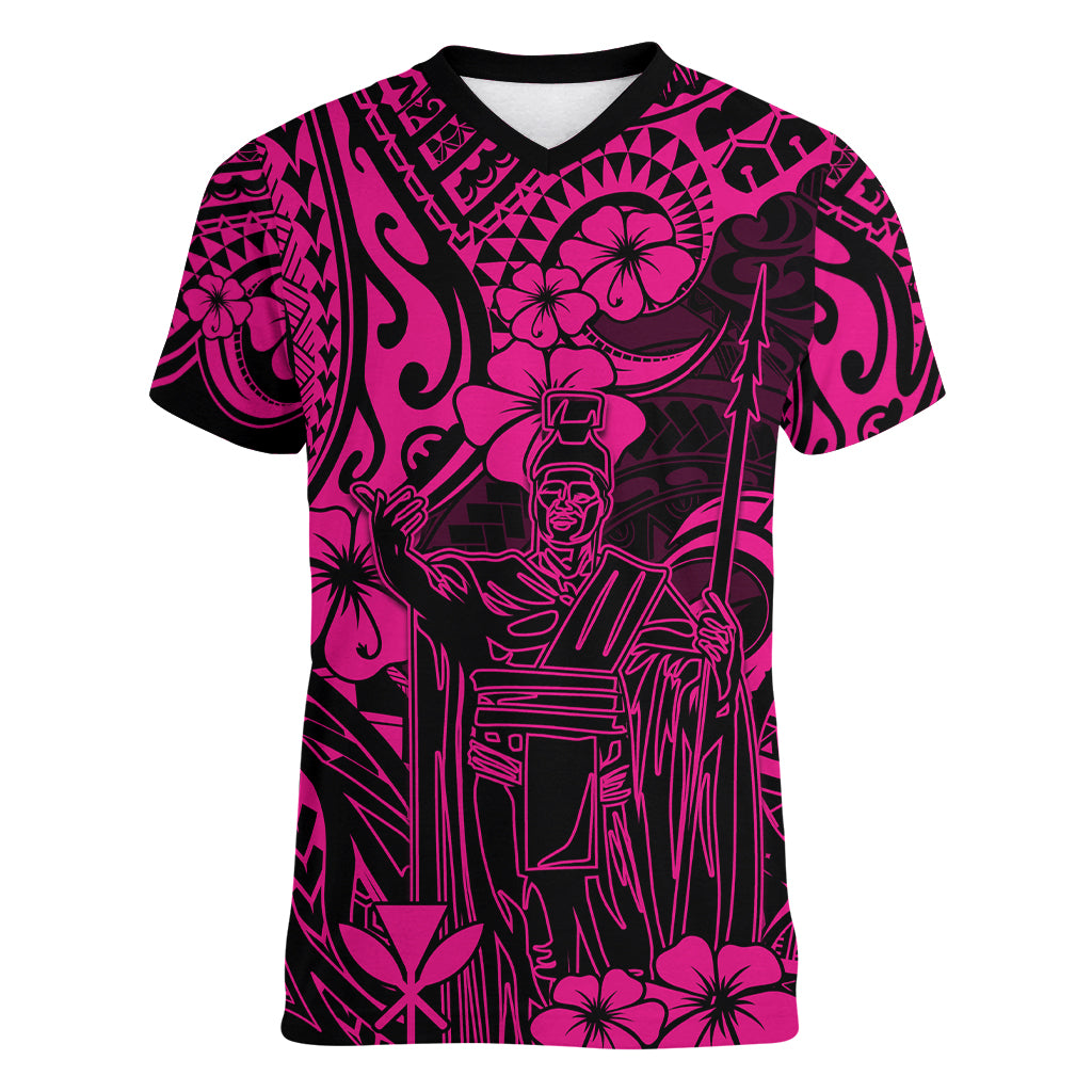 Hawaii King Kamehameha Women V Neck T Shirt Polynesian Pattern Pink Version - Wonder Print Shop