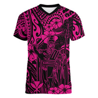 Hawaii King Kamehameha Women V Neck T Shirt Polynesian Pattern Pink Version - Wonder Print Shop