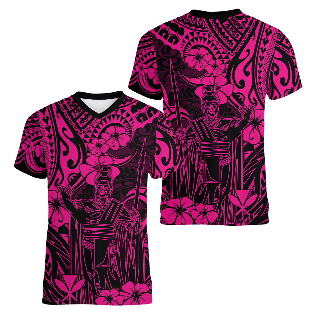 Hawaii King Kamehameha Women V Neck T Shirt Polynesian Pattern Pink Version - Wonder Print Shop