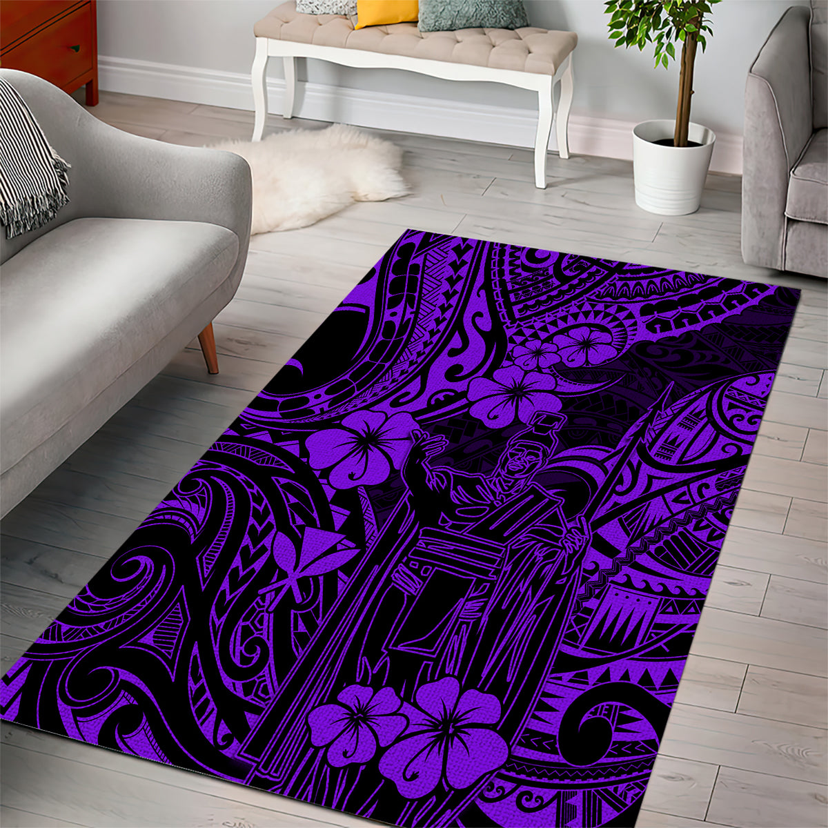 Hawaii King Kamehameha Area Rug Polynesian Pattern Purple Version - Wonder Print Shop