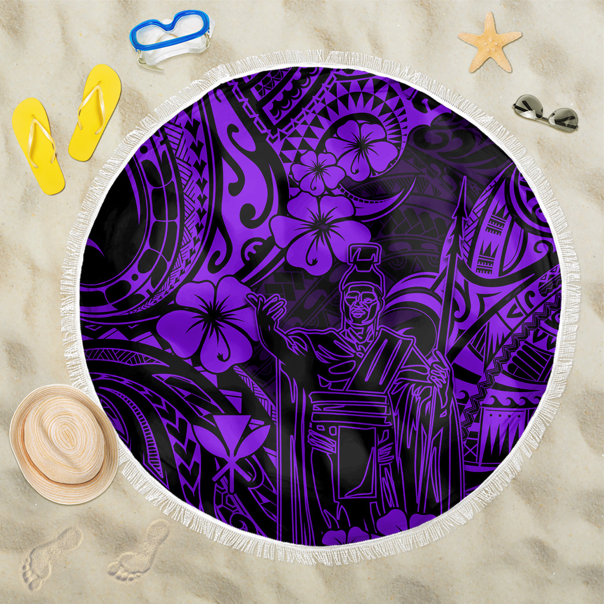 Hawaii King Kamehameha Beach Blanket Polynesian Pattern Purple Version - Wonder Print Shop