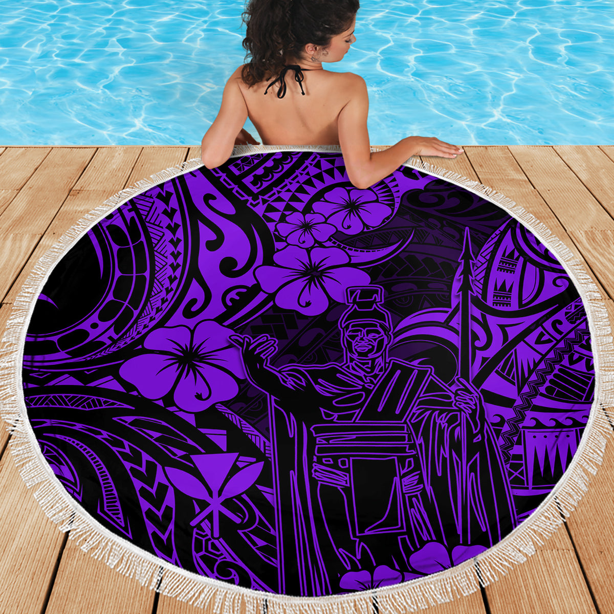 Hawaii King Kamehameha Beach Blanket Polynesian Pattern Purple Version - Wonder Print Shop