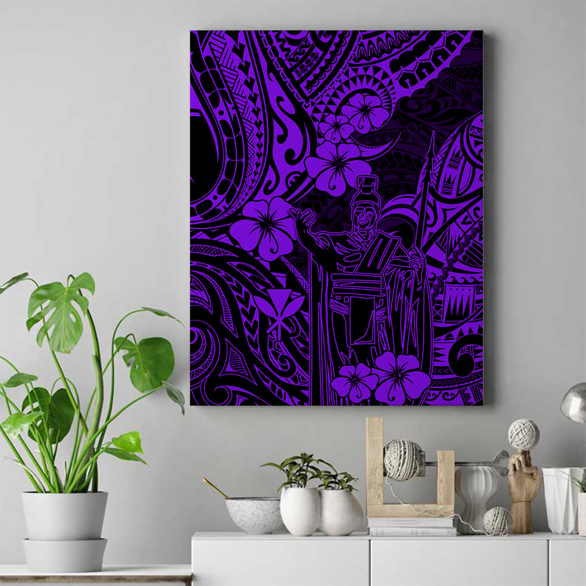 Hawaii King Kamehameha Canvas Wall Art Polynesian Pattern Purple Version - Wonder Print Shop