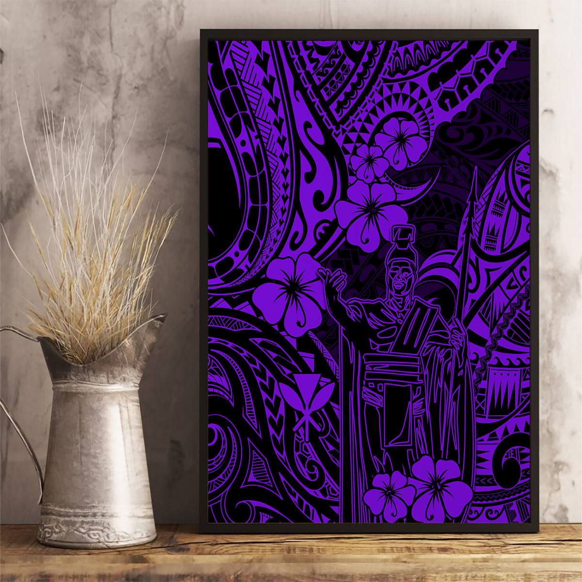 Hawaii King Kamehameha Canvas Wall Art Polynesian Pattern Purple Version - Wonder Print Shop