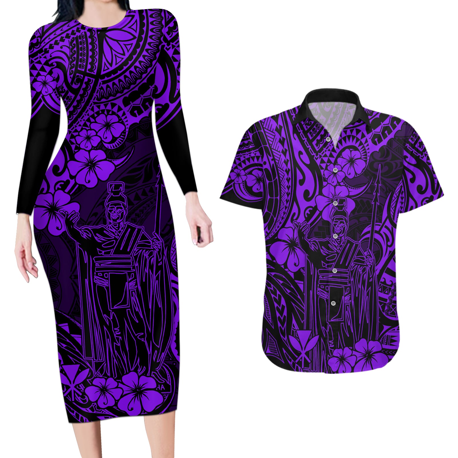 Hawaii King Kamehameha Couples Matching Long Sleeve Bodycon Dress and Hawaiian Shirt Polynesian Pattern Purple Version - Wonder Print Shop