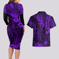 Hawaii King Kamehameha Couples Matching Long Sleeve Bodycon Dress and Hawaiian Shirt Polynesian Pattern Purple Version - Wonder Print Shop