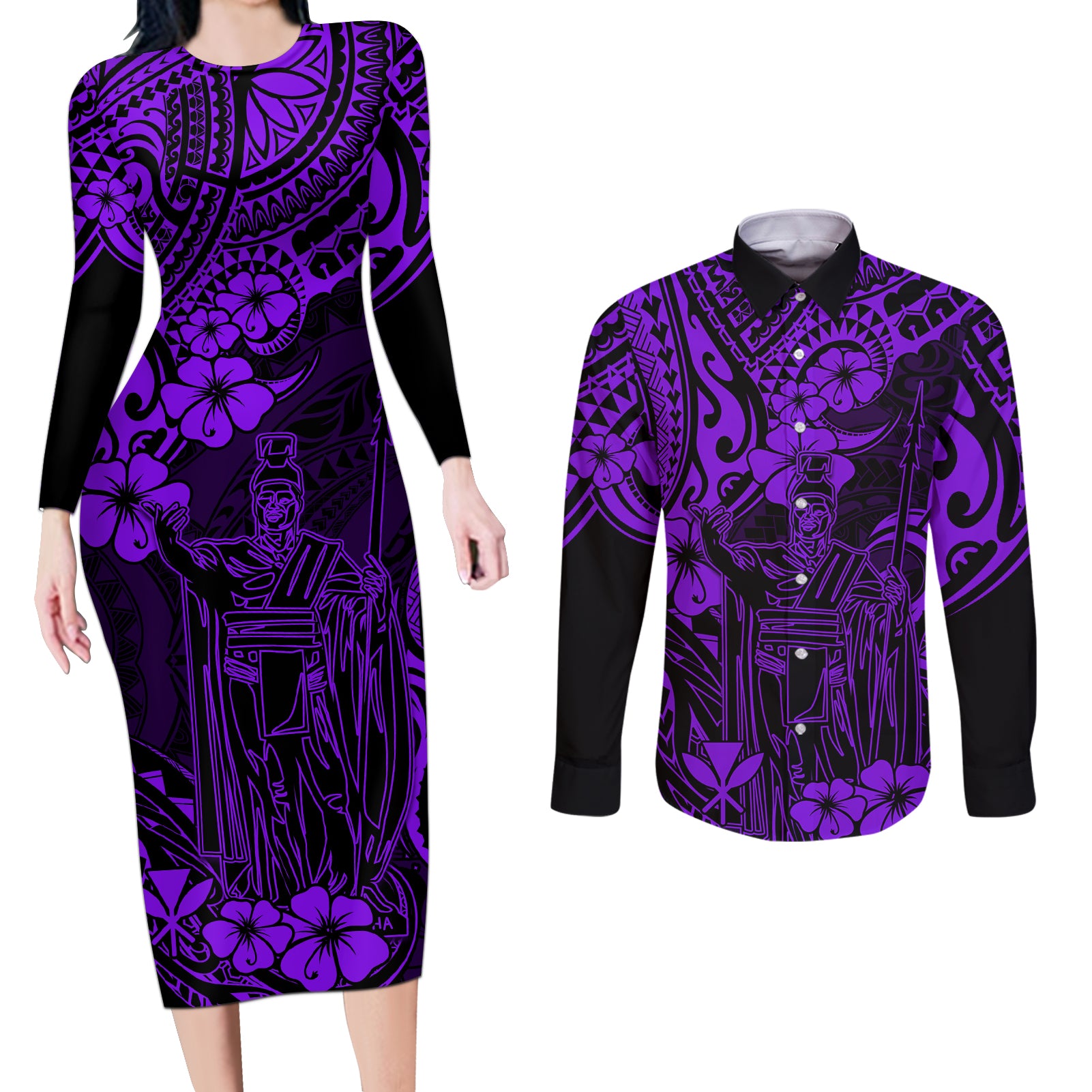 Hawaii King Kamehameha Couples Matching Long Sleeve Bodycon Dress and Long Sleeve Button Shirts Polynesian Pattern Purple Version - Wonder Print Shop