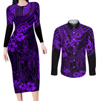 Hawaii King Kamehameha Couples Matching Long Sleeve Bodycon Dress and Long Sleeve Button Shirts Polynesian Pattern Purple Version - Wonder Print Shop
