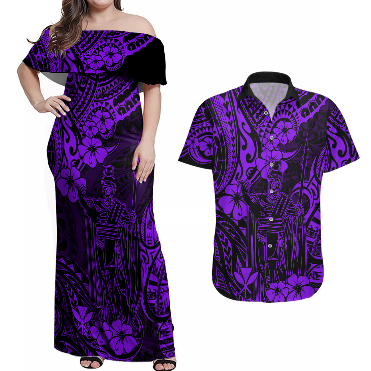 Hawaii King Kamehameha Couples Matching Off Shoulder Maxi Dress and Hawaiian Shirt Polynesian Pattern Purple Version - Wonder Print Shop
