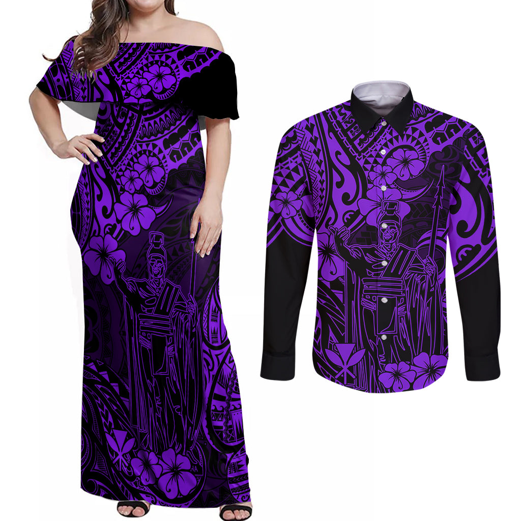 Hawaii King Kamehameha Couples Matching Off Shoulder Maxi Dress and Long Sleeve Button Shirts Polynesian Pattern Purple Version - Wonder Print Shop
