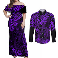 Hawaii King Kamehameha Couples Matching Off Shoulder Maxi Dress and Long Sleeve Button Shirts Polynesian Pattern Purple Version - Wonder Print Shop