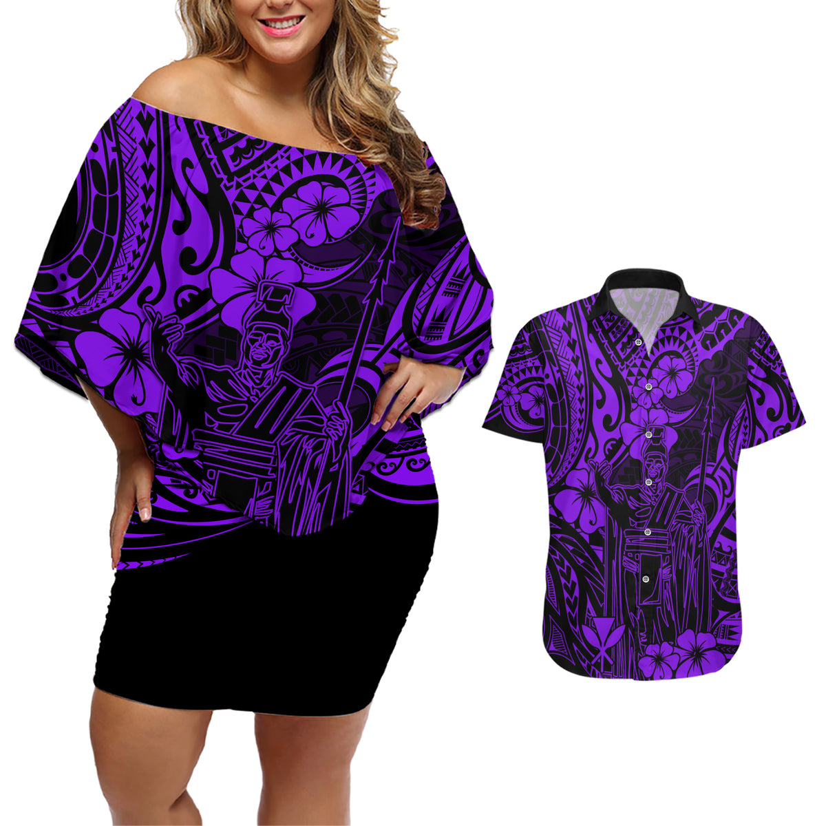 Hawaii King Kamehameha Couples Matching Off Shoulder Short Dress and Hawaiian Shirt Polynesian Pattern Purple Version - Wonder Print Shop