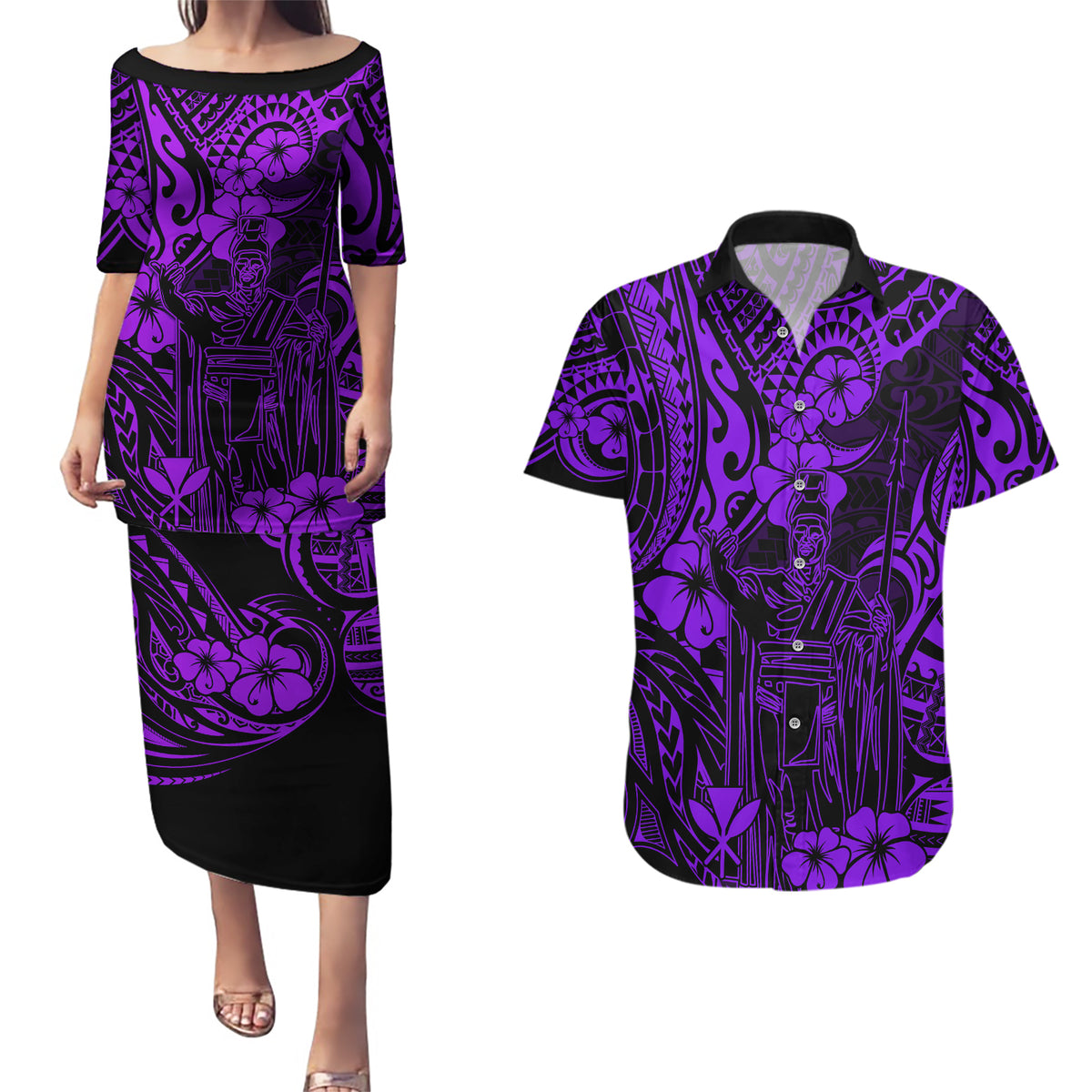 Hawaii King Kamehameha Couples Matching Puletasi Dress and Hawaiian Shirt Polynesian Pattern Purple Version - Wonder Print Shop
