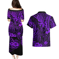 Hawaii King Kamehameha Couples Matching Puletasi Dress and Hawaiian Shirt Polynesian Pattern Purple Version - Wonder Print Shop