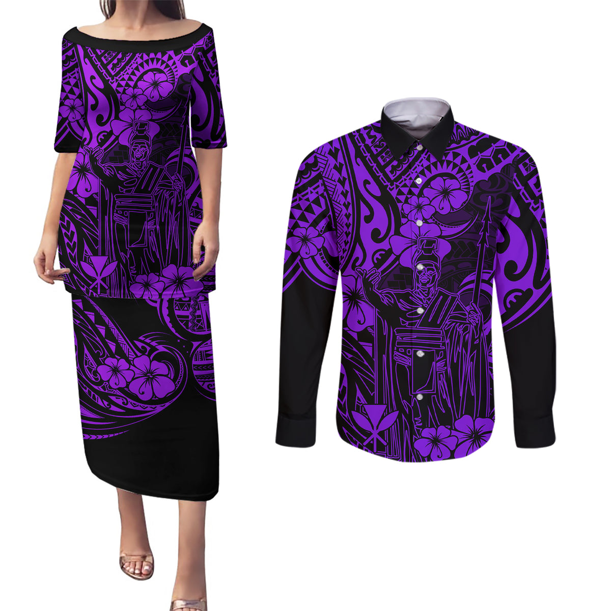 Hawaii King Kamehameha Couples Matching Puletasi Dress and Long Sleeve Button Shirts Polynesian Pattern Purple Version - Wonder Print Shop
