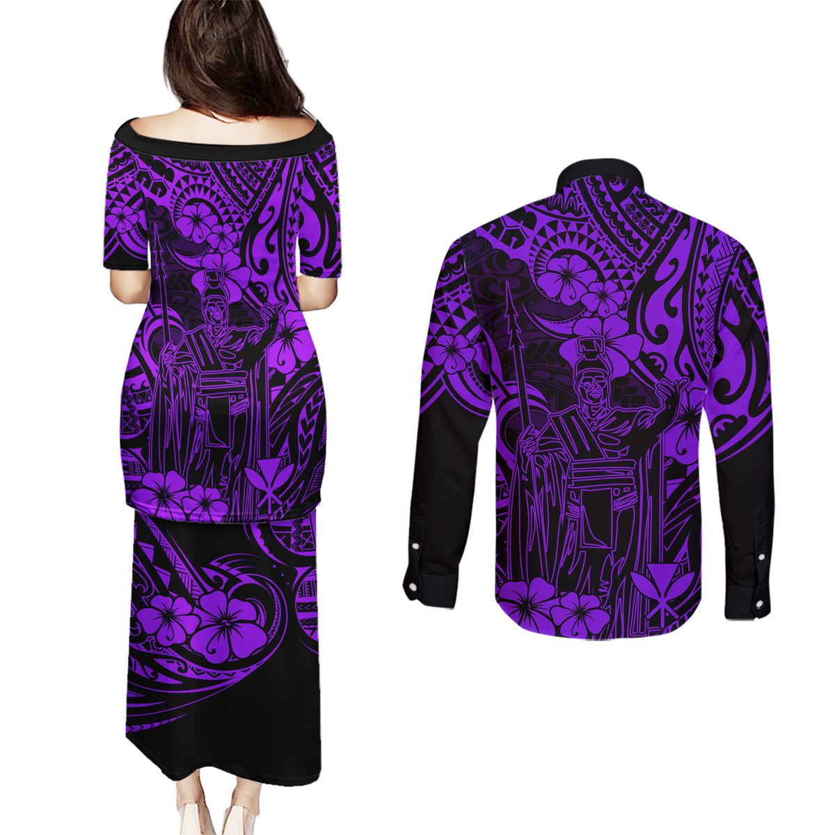 Hawaii King Kamehameha Couples Matching Puletasi Dress and Long Sleeve Button Shirts Polynesian Pattern Purple Version - Wonder Print Shop