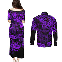 Hawaii King Kamehameha Couples Matching Puletasi Dress and Long Sleeve Button Shirts Polynesian Pattern Purple Version - Wonder Print Shop