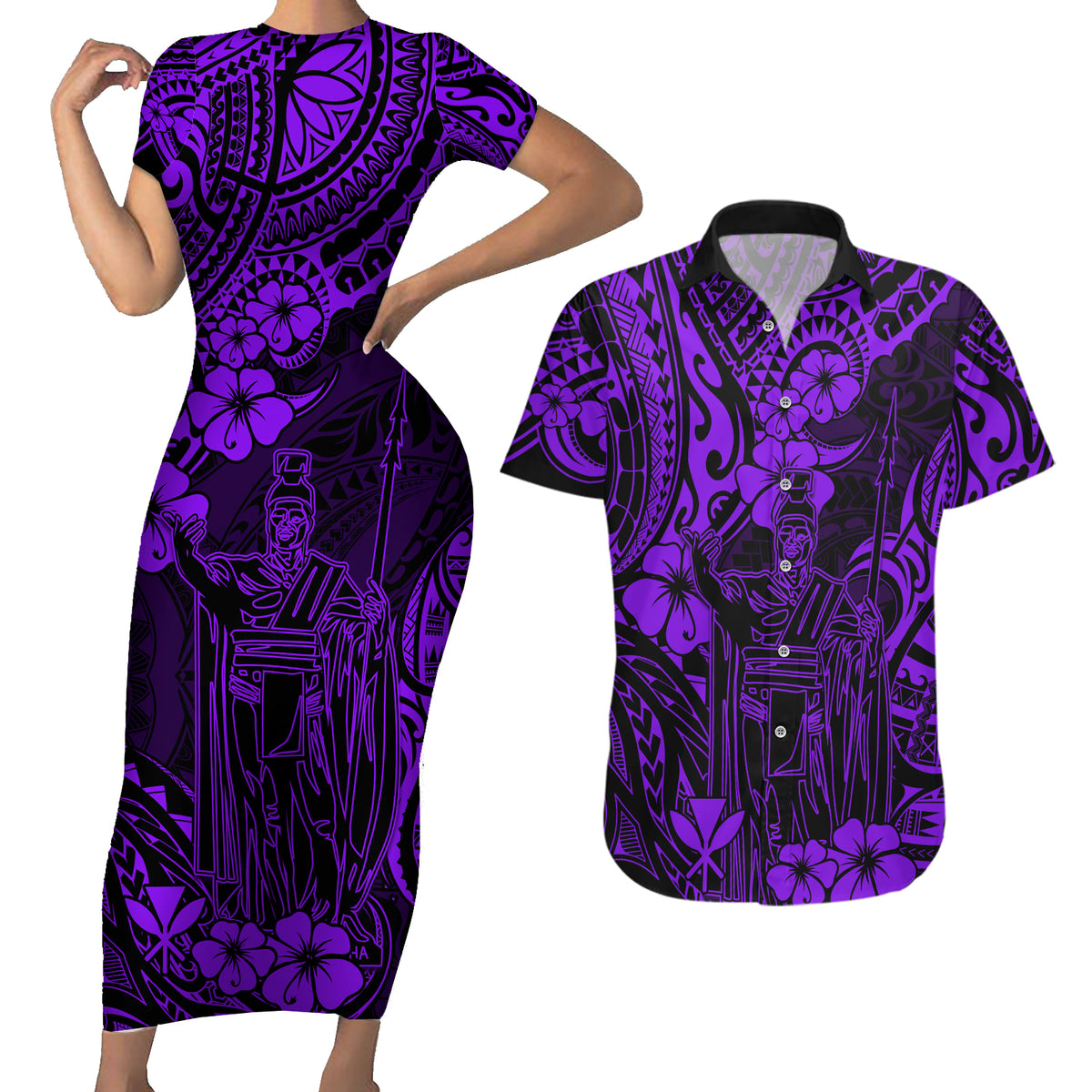 Hawaii King Kamehameha Couples Matching Short Sleeve Bodycon Dress and Hawaiian Shirt Polynesian Pattern Purple Version - Wonder Print Shop