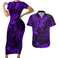 Hawaii King Kamehameha Couples Matching Short Sleeve Bodycon Dress and Hawaiian Shirt Polynesian Pattern Purple Version - Wonder Print Shop