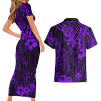 Hawaii King Kamehameha Couples Matching Short Sleeve Bodycon Dress and Hawaiian Shirt Polynesian Pattern Purple Version - Wonder Print Shop