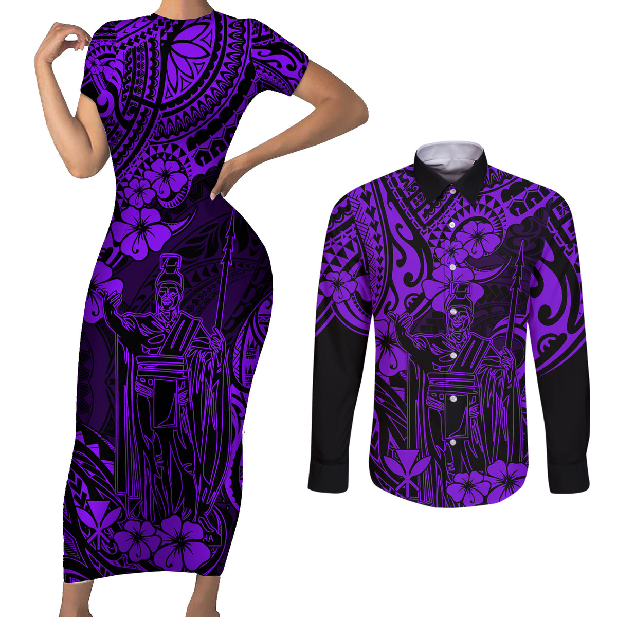Hawaii King Kamehameha Couples Matching Short Sleeve Bodycon Dress and Long Sleeve Button Shirts Polynesian Pattern Purple Version - Wonder Print Shop
