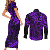 Hawaii King Kamehameha Couples Matching Short Sleeve Bodycon Dress and Long Sleeve Button Shirts Polynesian Pattern Purple Version - Wonder Print Shop